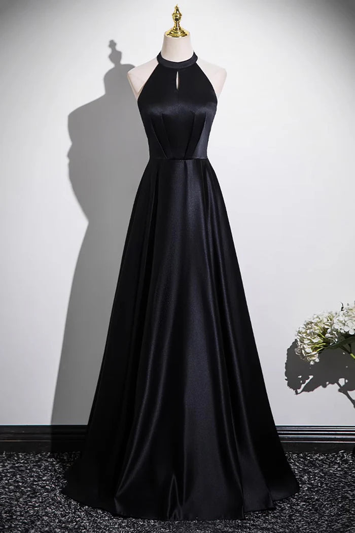 Black Satin Long Prom Dress, Black A-Line Evening Party Dress